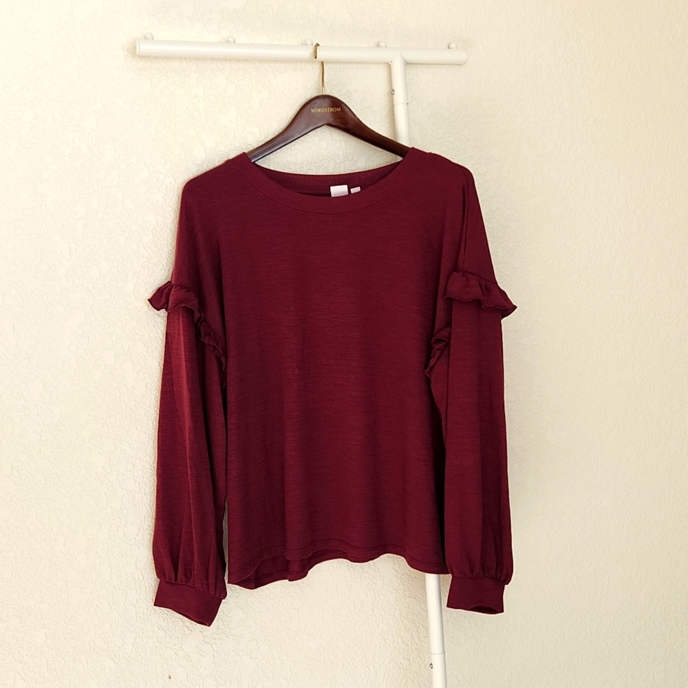 LIKE NEW - Never worn! GAP Burgundy Ruffle Sleeve Women's Top Size XL